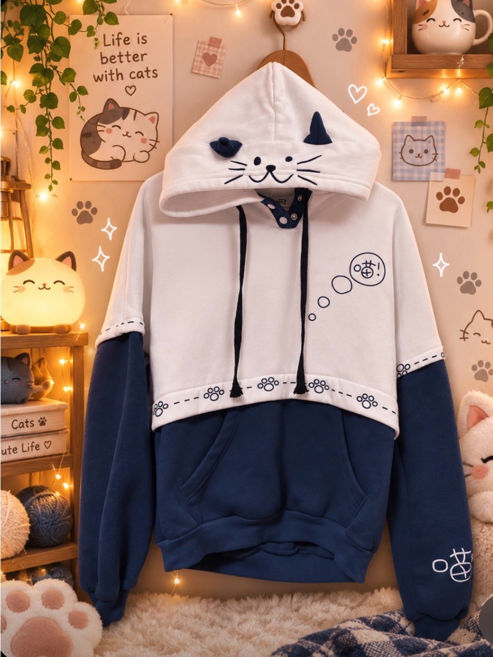 Casual Two-Tone Navy and White Cat Hoodie Sweatshirt